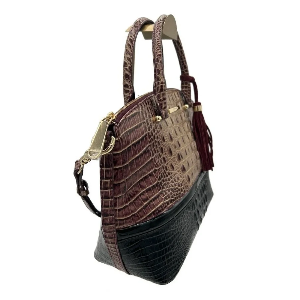 Brahmin Duxbury Satchel Handbag Crocodile Embossed Leather Burgundy Black Gold